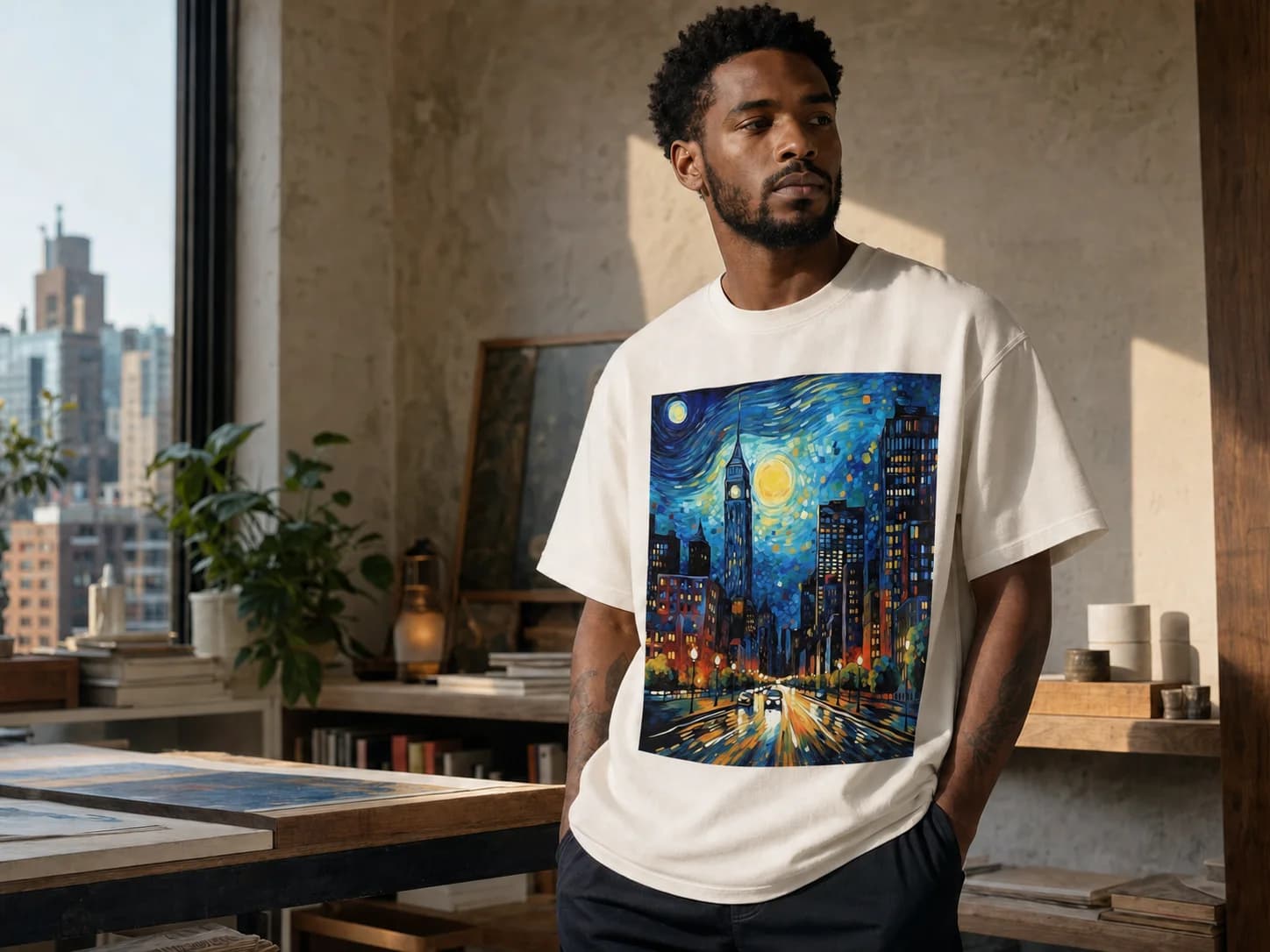 A creator wearing the same blue and gold New York artwork printed on a shirt
