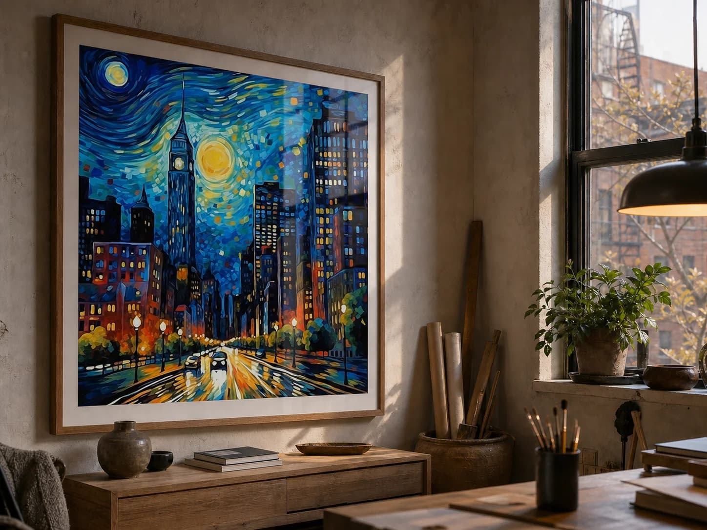 The same blue and gold New York artwork professionally framed on a wall