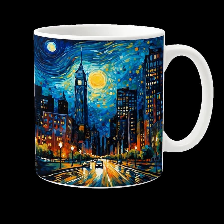 A mug featuring the same blue and gold New York artwork