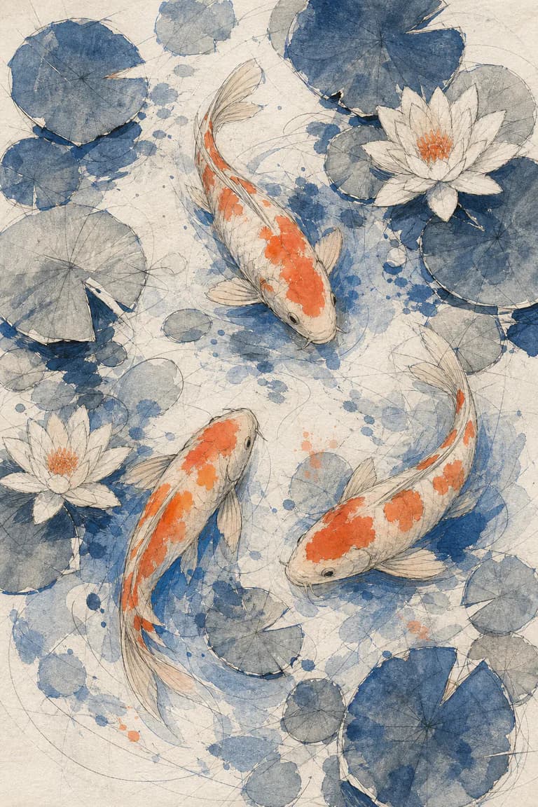 Early overhead koi pond study with coral fish, pale lotus leaves, and loose blue painted water
