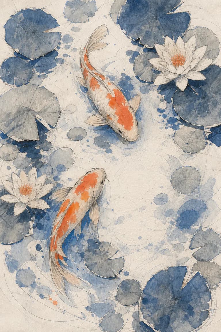 The same koi pond with foliage reduced to open the center of the composition