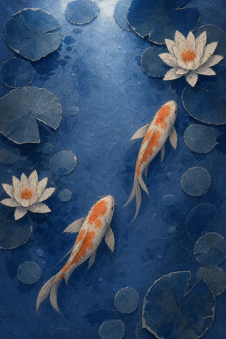 The koi pond shifted into deep ultramarine moonlight with tactile paper texture