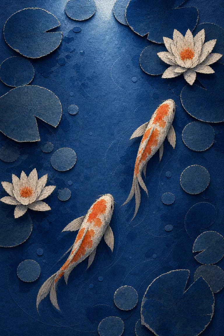 Selected moonlit koi pond print with coral fish, luminous lotus leaves, and layered paper texture