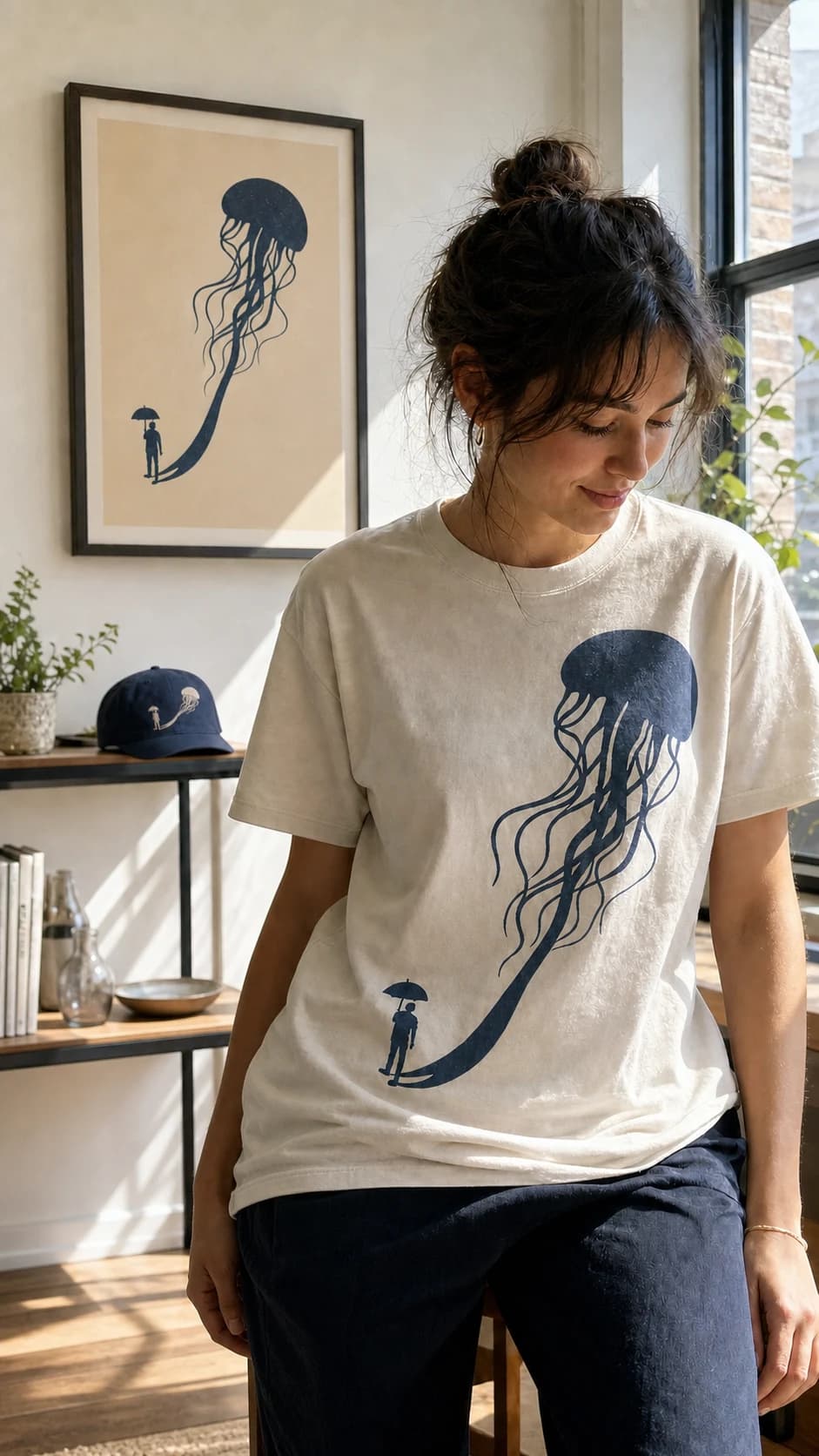 A creator wearing the Jellyfish Shadow Tee beside its framed artwork and an embroidered navy cap
