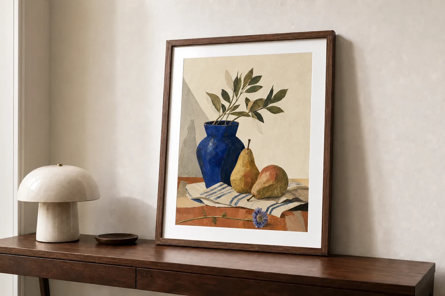 Sunday Table still life displayed in a walnut frame on a console table